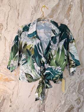 Peach Tropical Leaf Print Tie-Front Short Sleeve Blouse